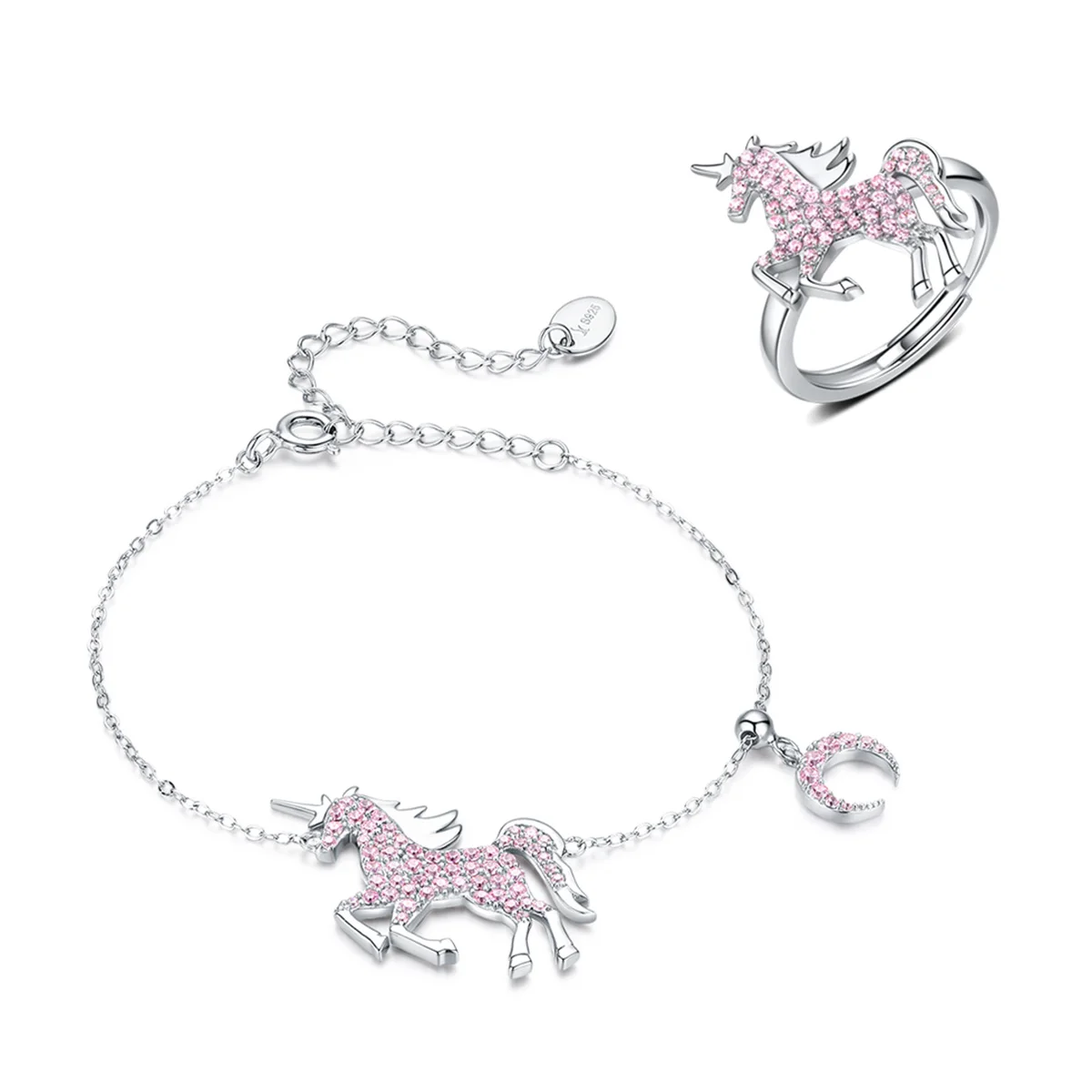 

ZHS147 Top sale pink horse 925 silver bracelet and ring jewelry set