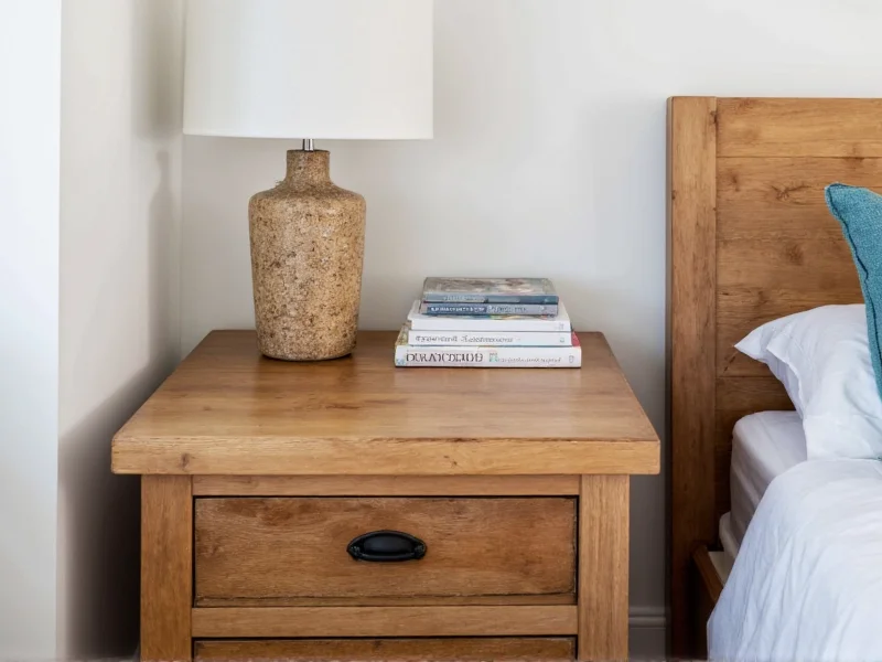 Finished reclaimed wood bedside table in bedroom setting with books and lamp