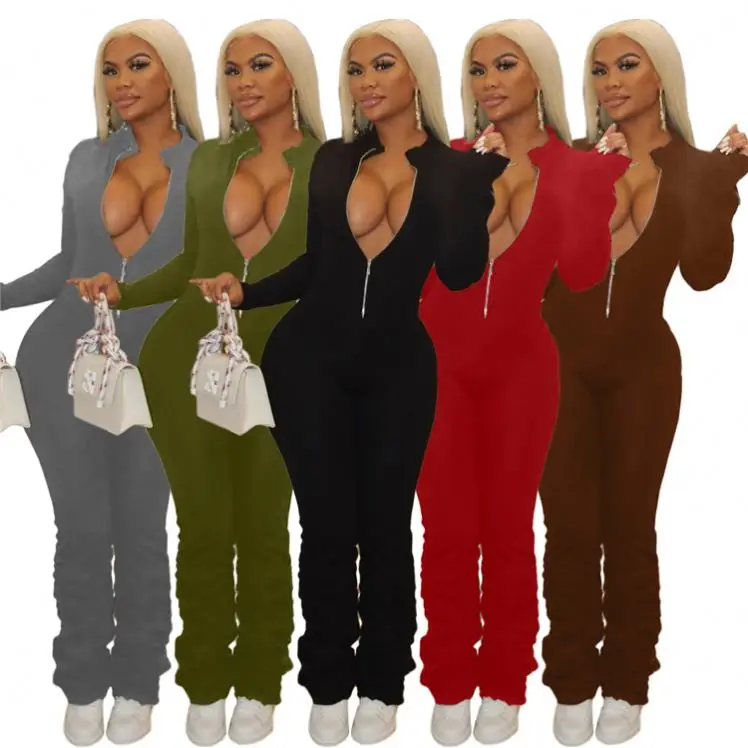 

Custom Lady Rompers Long Sleeve Plain Stacked Skinny Plus Size Sexy One Piece Fall Women Jumpsuit