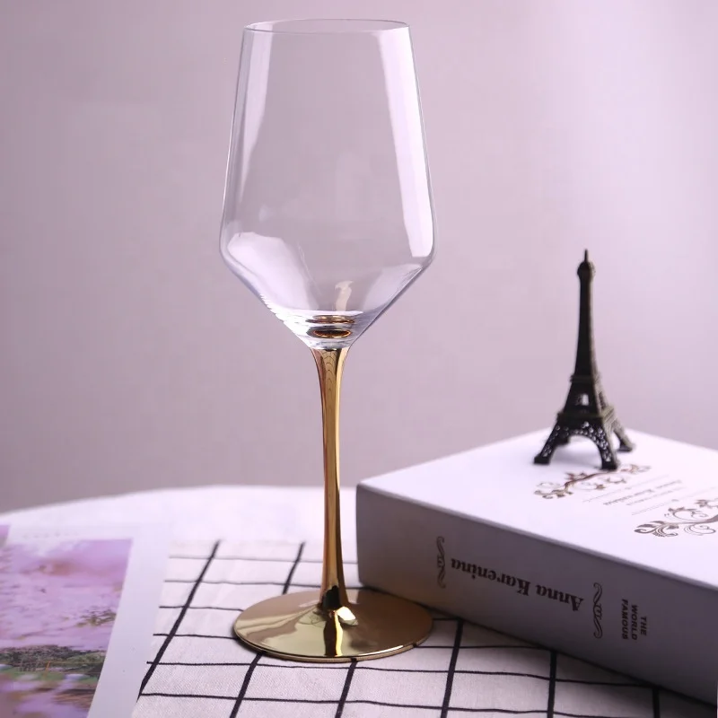 
China Factory Custom Gold Stem Red/White Decorative Unique Fancy Wine Glass Cup 