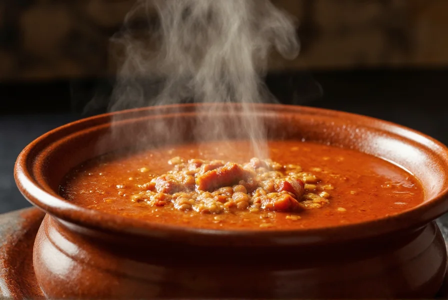 Traditional bowl of chili soup with steam rising, showing the liquid consistency that qualifies it as soup