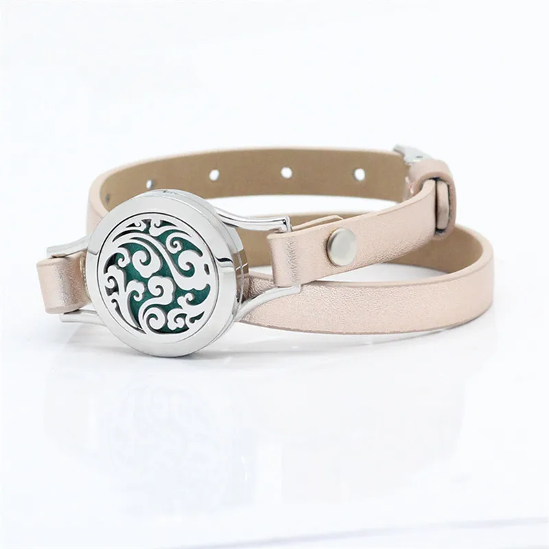 

Fashion Jewelry Stainless Steel Bangle Leather Bracelet Aromatherapy Essential Oil Diffuser Bracelet With Colorful Pads, Rose gold