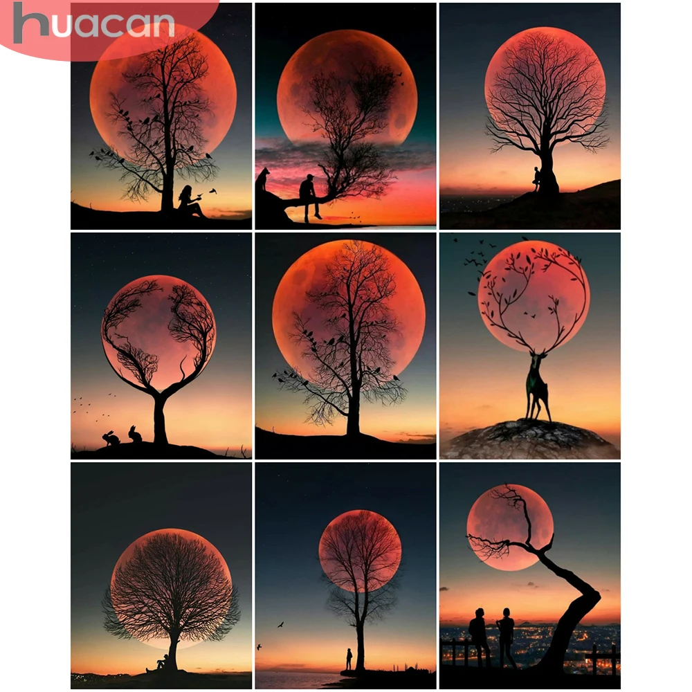 

HUACAN DIY Diamond Painting Red Moon Full Square Diamond Embroidery Tree Scenery Rhinestones Pictures Crafts Kit