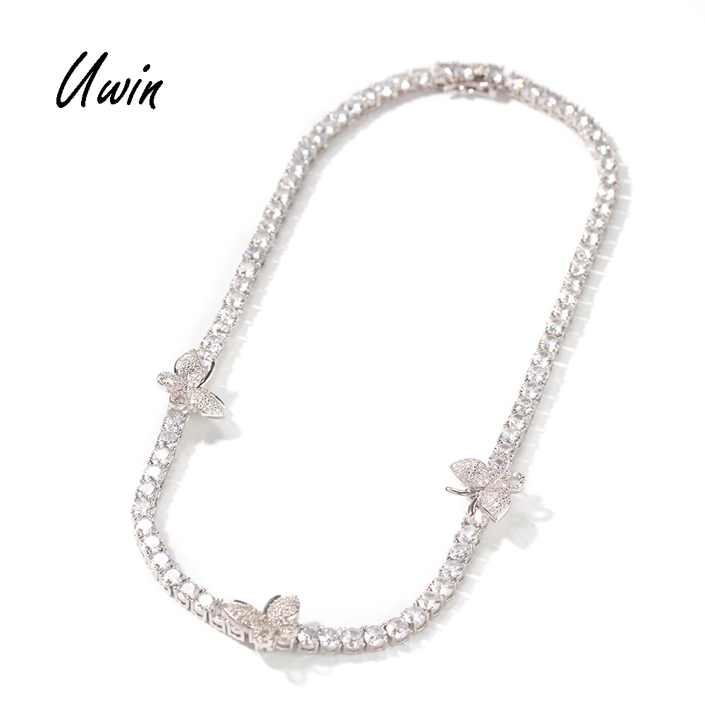 

UWIN Hip Hop Mini Butterfly Charm CZ Tennis Chain Necklace Women Rapper Choker Jewelry, Gold, silver, or custom for you