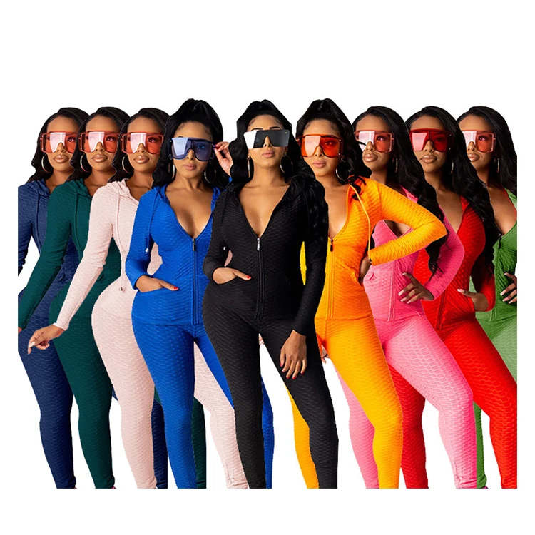 

2021 New FashionTwo Piece Track Suits Hoodies And Leggings Solid Color Spring Bodycon Yoga Women 2 Piece Set, Picture color