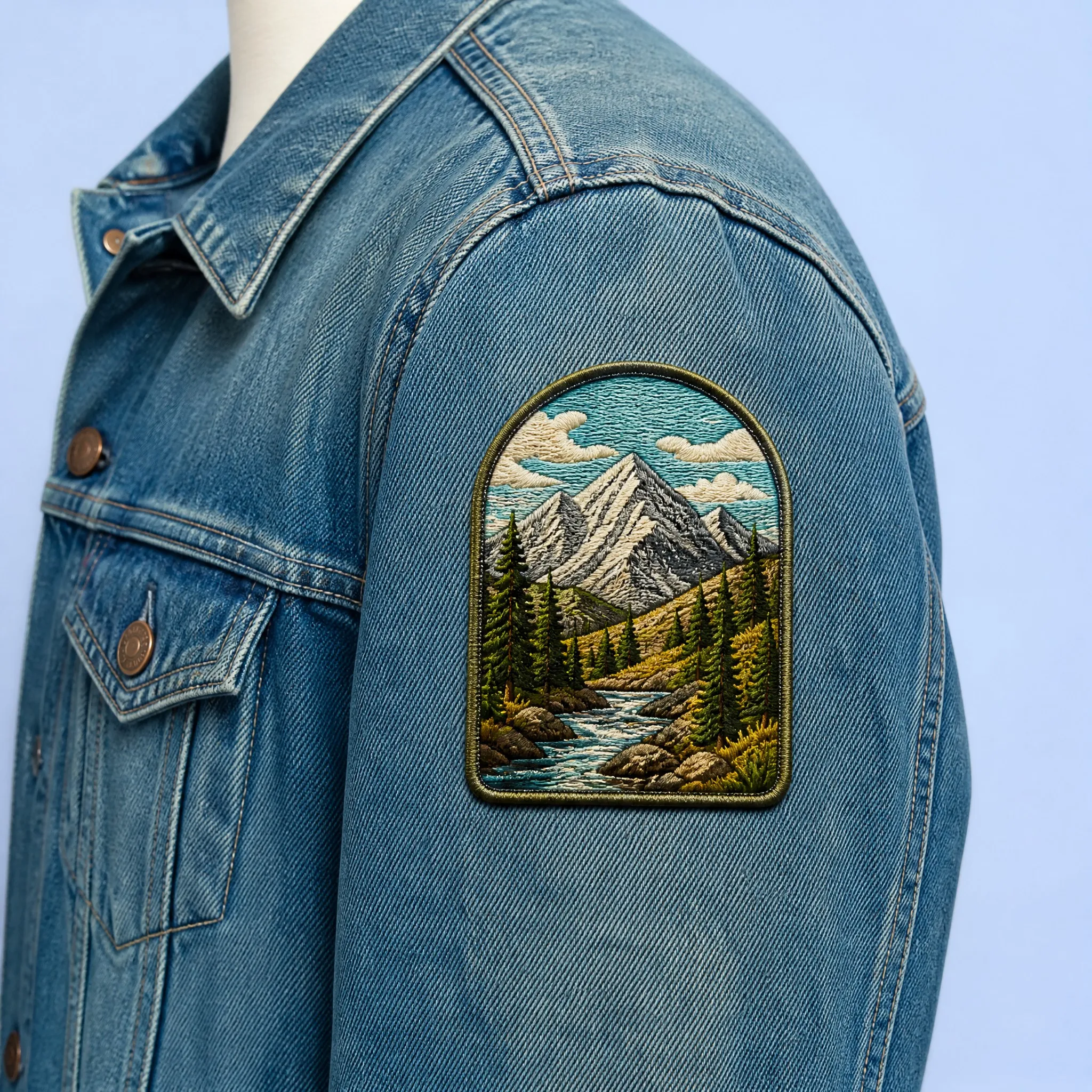 Arched Mountain Landscape Embroidered Patch Applied onto Denim Jean Jacket Sleeve for Urban Gorpcore Streetwear Styling