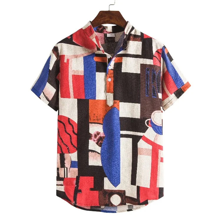 

New Fashion Short-sleeved cotton/Linen Shirt Ethnic Style Floral The Beach Vacation Printed Men's Shirts, Picture shows