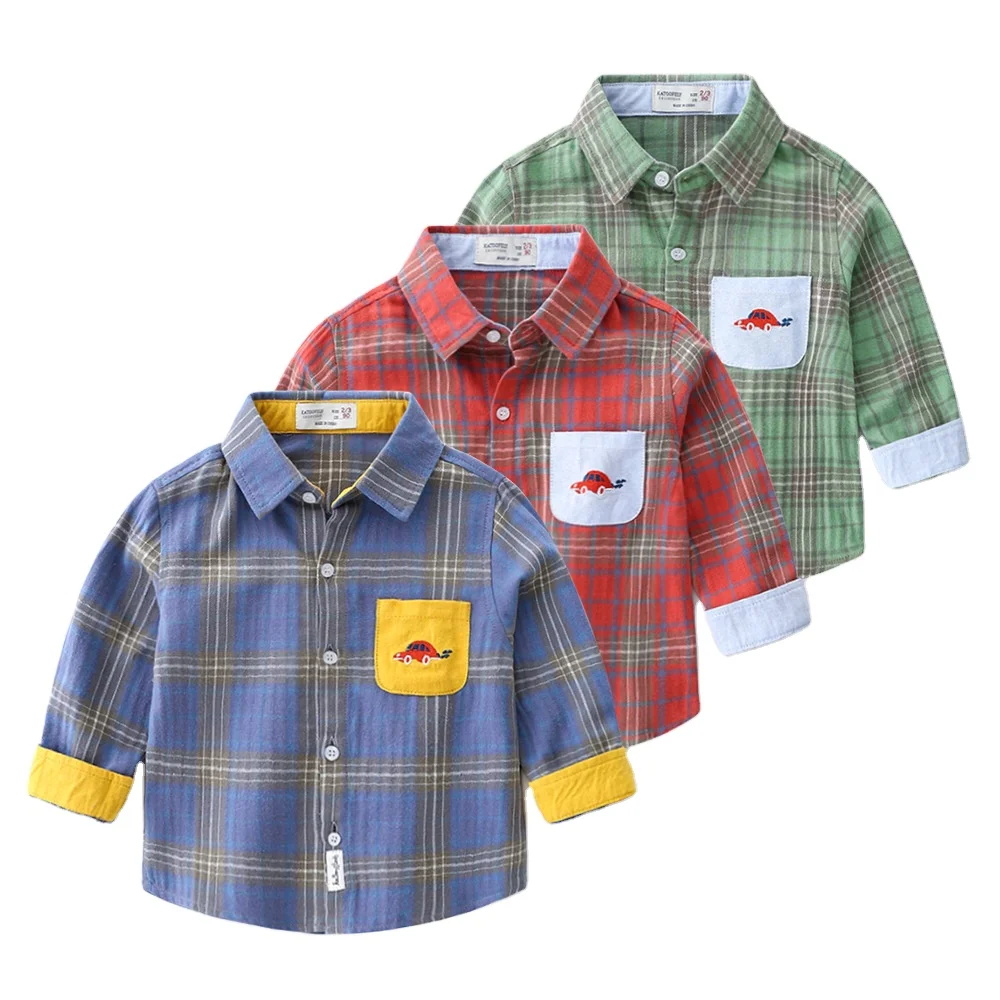 

Men Lapel Long Sleeve Plaid Pattern Shirts Classic Children Cartoon Embroidery Shirts Spring Autumn Boy Pure Cotton Tops