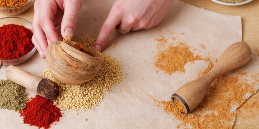 Spices on a wooden table ready to be ground