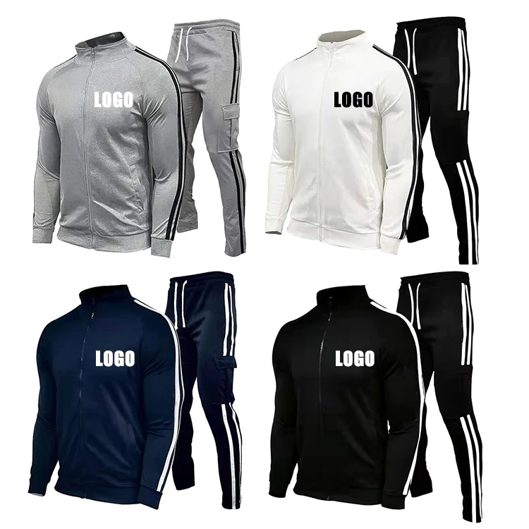 

Fall 2021 Men Clothing Blank Casual Zipper Sweatsuit Sportswear Two Piece Set Striped Jogger Tracksuit, Customized color