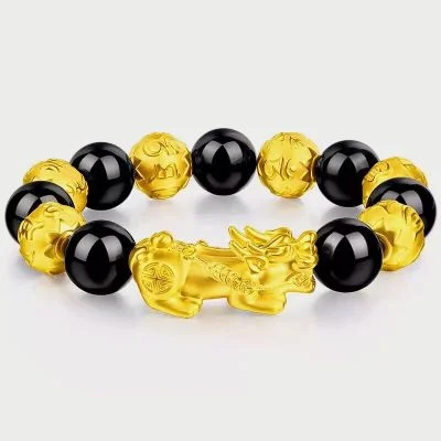 

LONGYAO 999 Real Gold FengShui PiXiu Bracelet Wealth Good Luck Black Obsidian PiXiu Bracelet