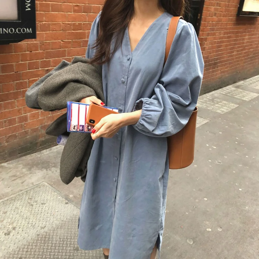 

B62398A South Korea bright blue v collar corduroy long high quality long dress