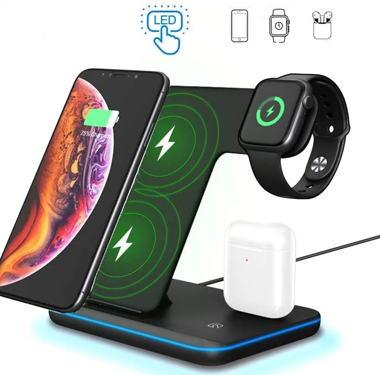 

Custom logo 3 in 1 mobile phone earphone watch QC 3.0 wireless fast charger stand for iPhone, Black