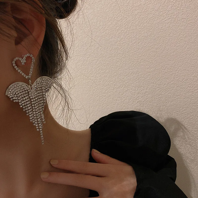 

925 silver needle full diamond love tassel earrings European and American long earrings personalized evening party, Picture