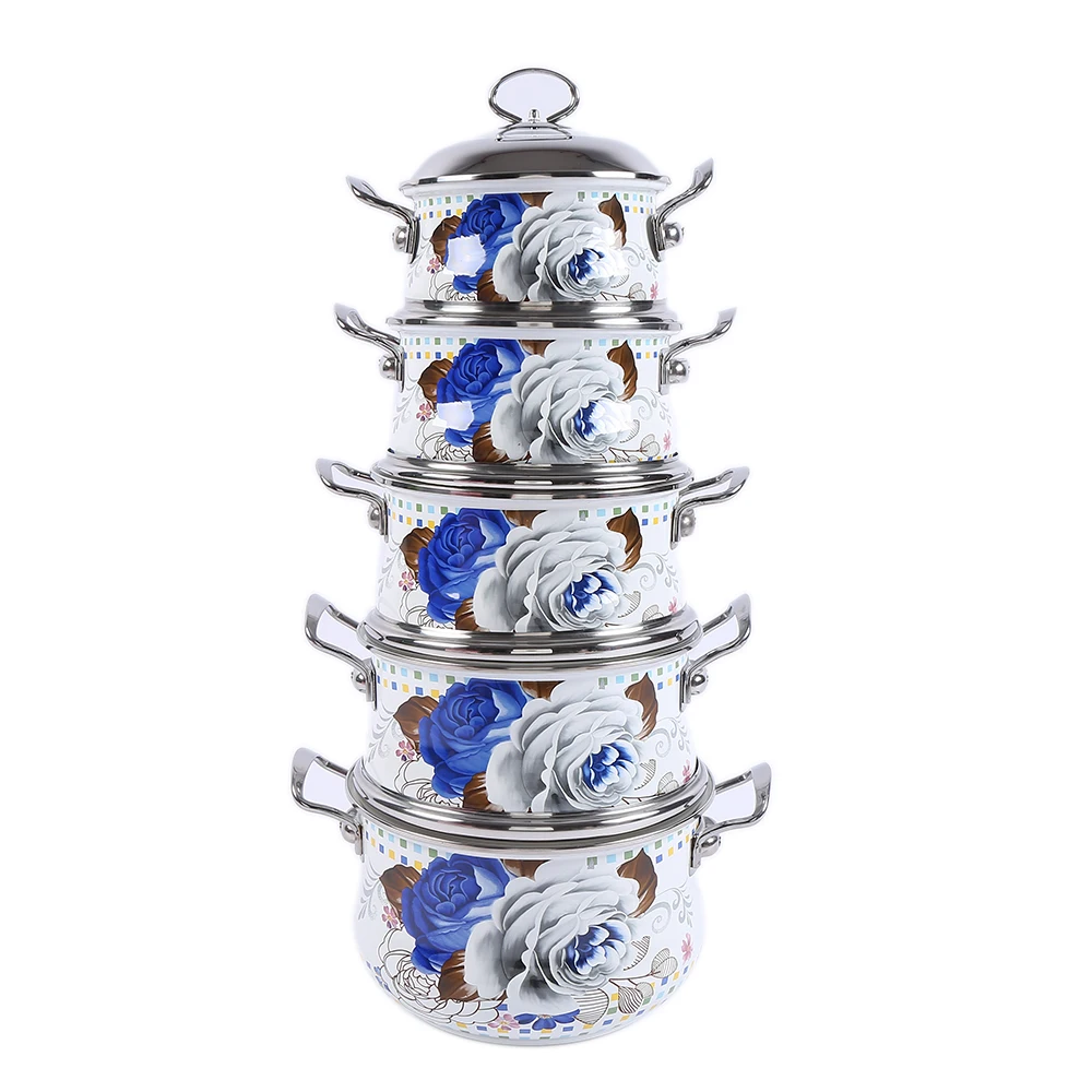 

812GZ-5 High Quality Double Handle Color Flower Full Print Enamel Flower Creamic Cooking Pot, White