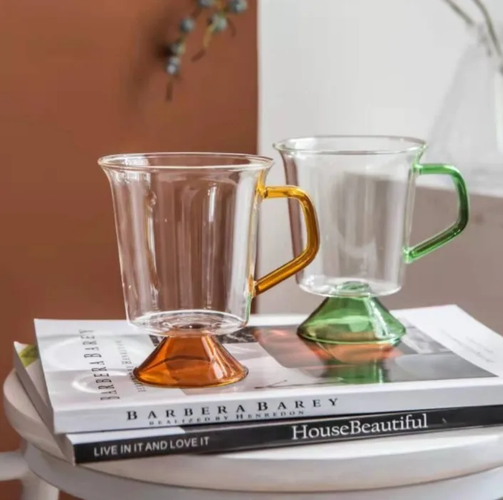 

Colored handle stitching tall hot drinking glass cup wine glass transparent coffee cup, Clear
