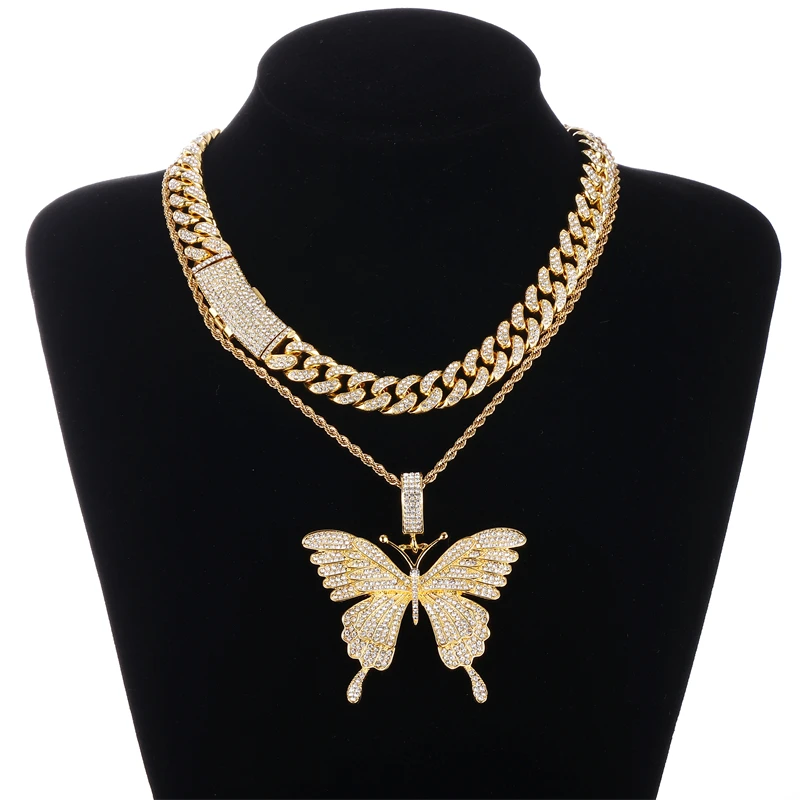 

DE New Iced Fancy Fashion Full Drill Alloy Jewelry Bling Big Butterfly Pendant with Chain Necklace Set