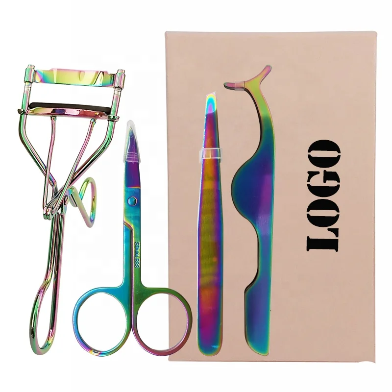 

private label holographic color makeup tools kit curler tweezer and scissor 4 in 1 packaging box set wholesale eyelash tools set, Different for choice