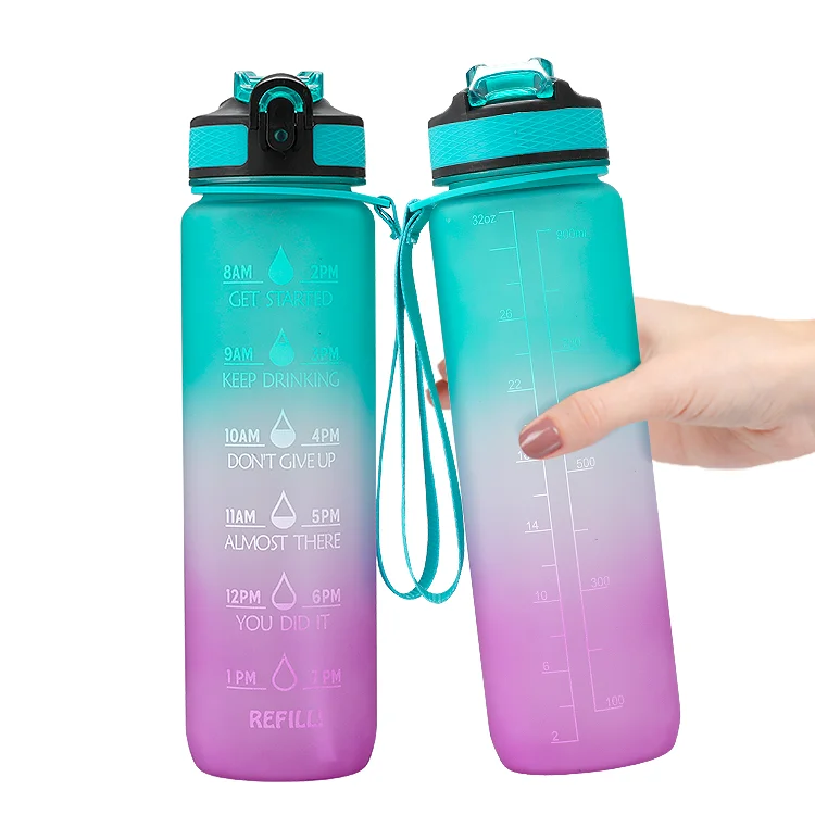 

Everich 32 oz RTS Free Running Gym With Time Marker Straw Lid BPA Free sk Sport Plastic Motivation Water Bottles, Customized color