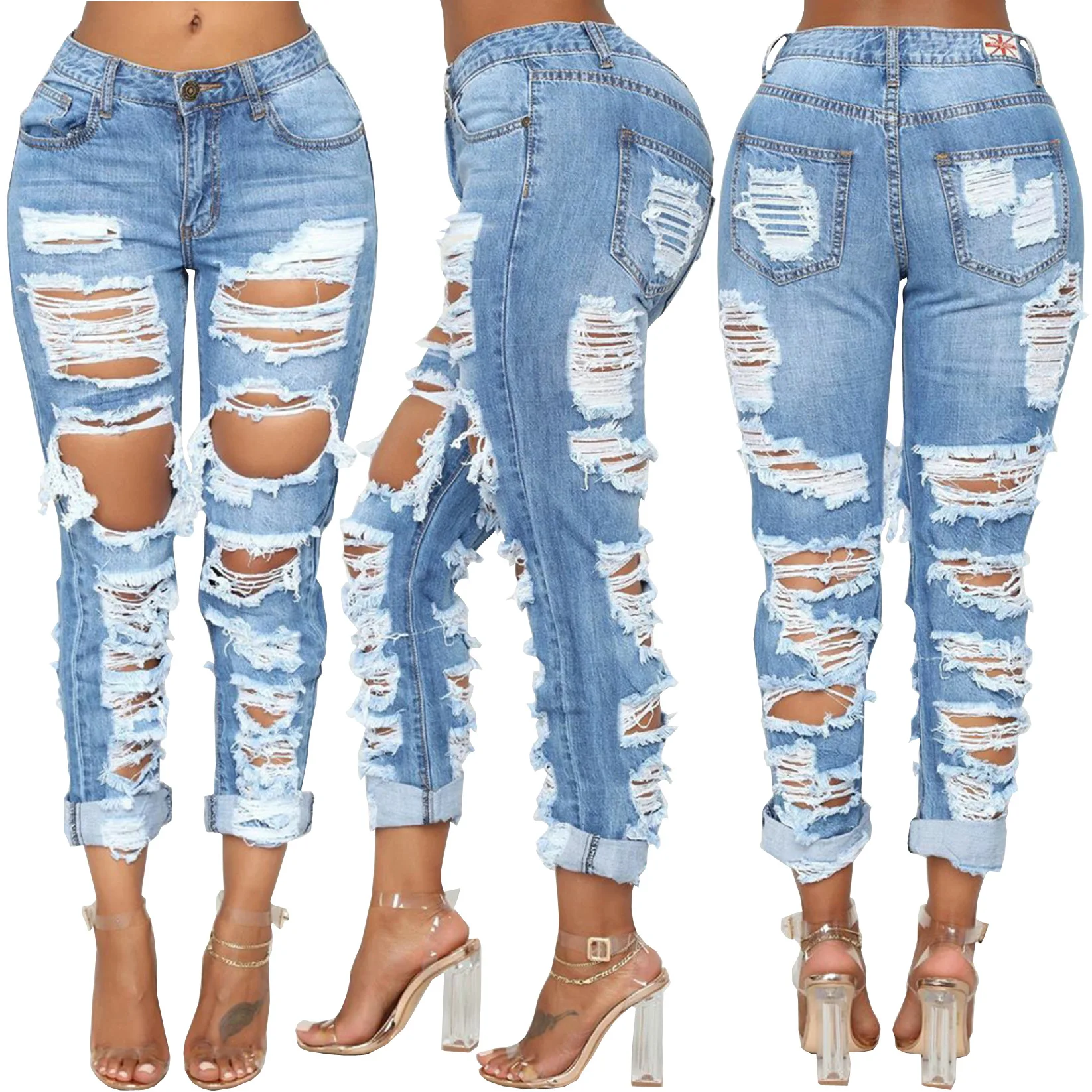 

Wholesale Amazon Casual Fashion Front And Rear Personality Ripped Beggar Version Pencil Pants Non Stretch Women's Jeans, Shown