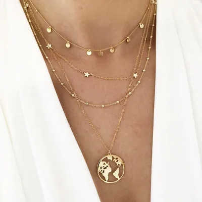 

2020 New Wholesales Pentagram and Circular Necklace Jewelry Gold Plated Map Pendant Necklace