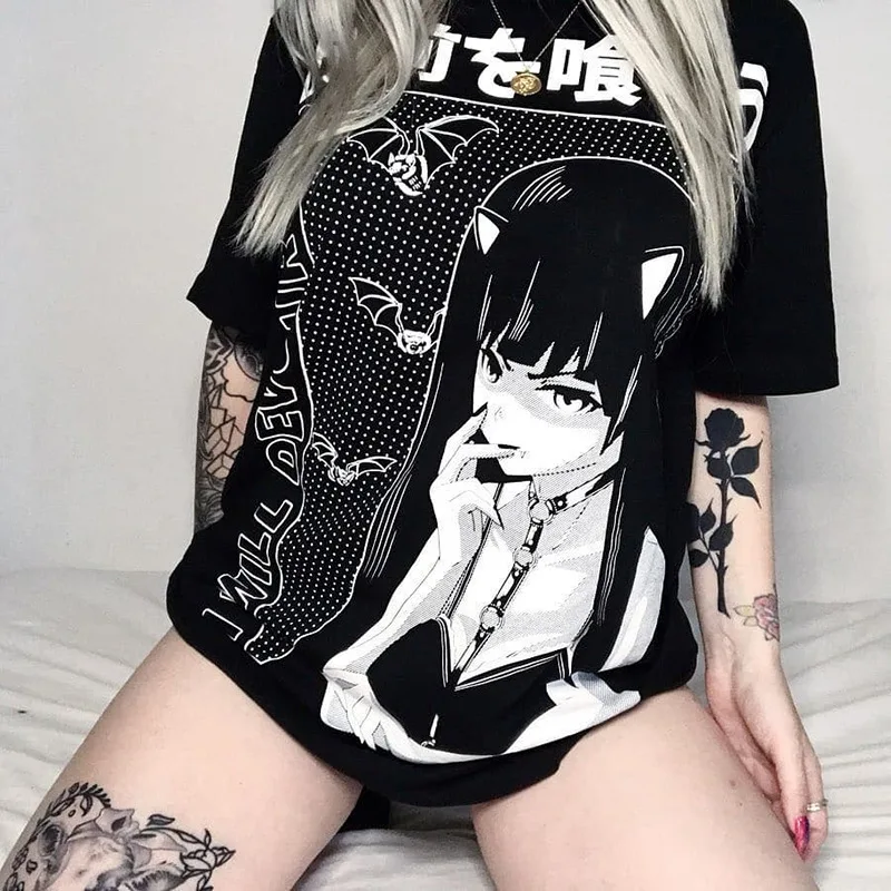 

ZJ0741 Harajuku Loose Long T-shirts Women Gothic Streetwear Oversize Black T-shirts Grunge Printed Fashion Female Vintage Tops