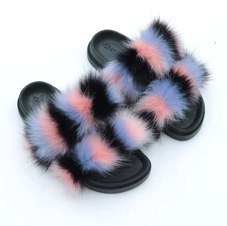 

New design indoor women slipper double strap fur slides for women