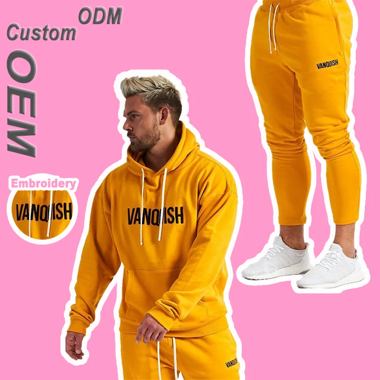 

Custom Private Label Cotton Sweatshirts Embroidered Pullover Oversized Unisex Women Men's Plus Size Sweatpants and Hoodie Set, Black yellow grey