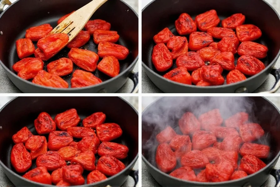 Step-by-step process of roasting red peppers in oven with charred skins and steam rising