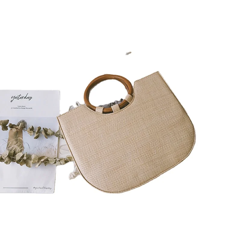 

Fashion Straw Bag Woven Handbags Wholesale Women High Capacity Shoulder Bag Beach Tote Bag Ladies Ring Wooden Handle, 2colors