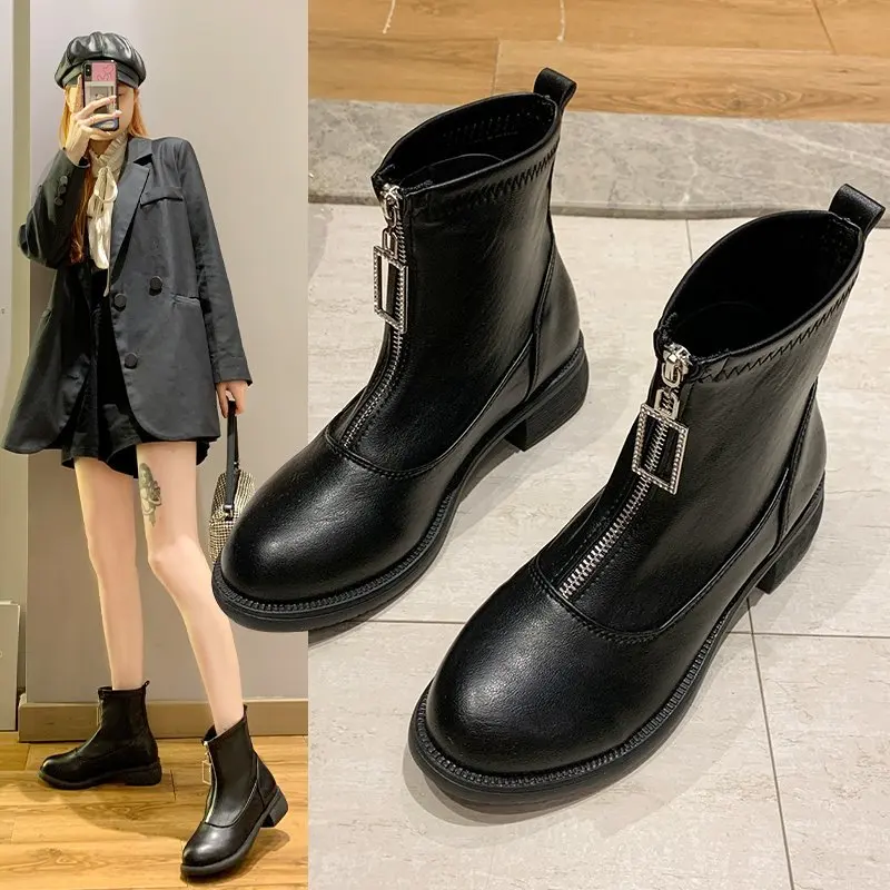 

New autumn and winter fashion ankle boots with velvet warm combat boots, Black