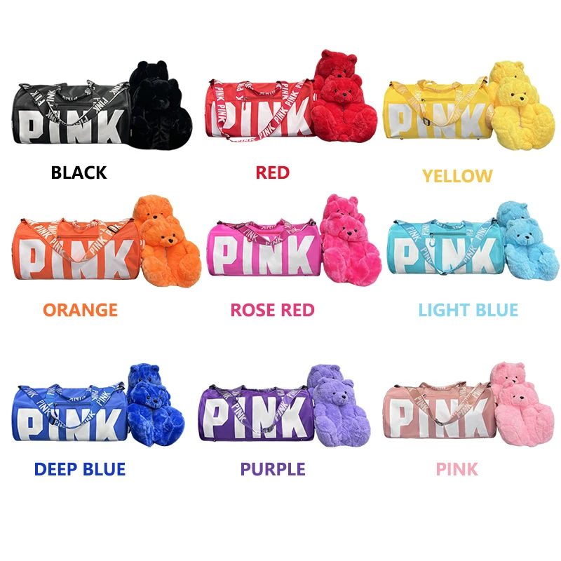 

New Design Plush Slippers Pink Bag Duffle Travel Set Spend The Night Weekender Gym Overnight Duffle Bag And Teddy Bear Slipper, Photo color
