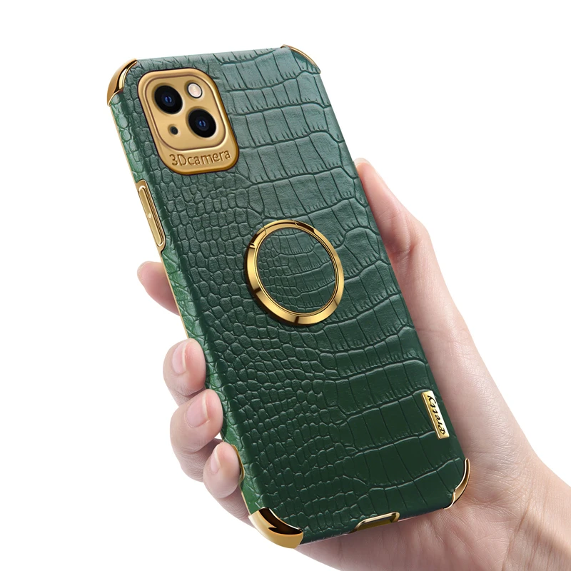 

iPhone13 Mini Coque Plating Crocodile PU Anti Droop Cover Ring Holder For iPhone 13 Leather Phone Case