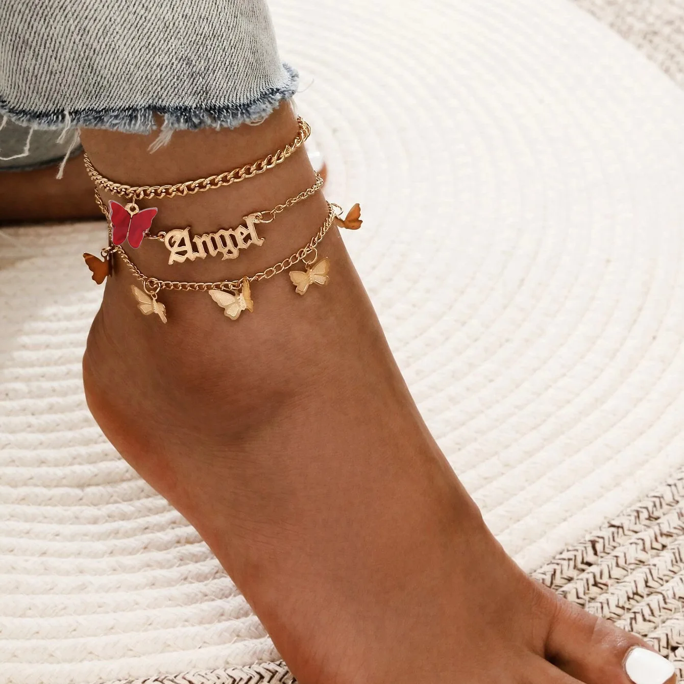 

2020Hot Style Fashionable Three Pieces Foot Jewelry Charm Butterfly Diamond Gold Anklets Set For Women, 7colors