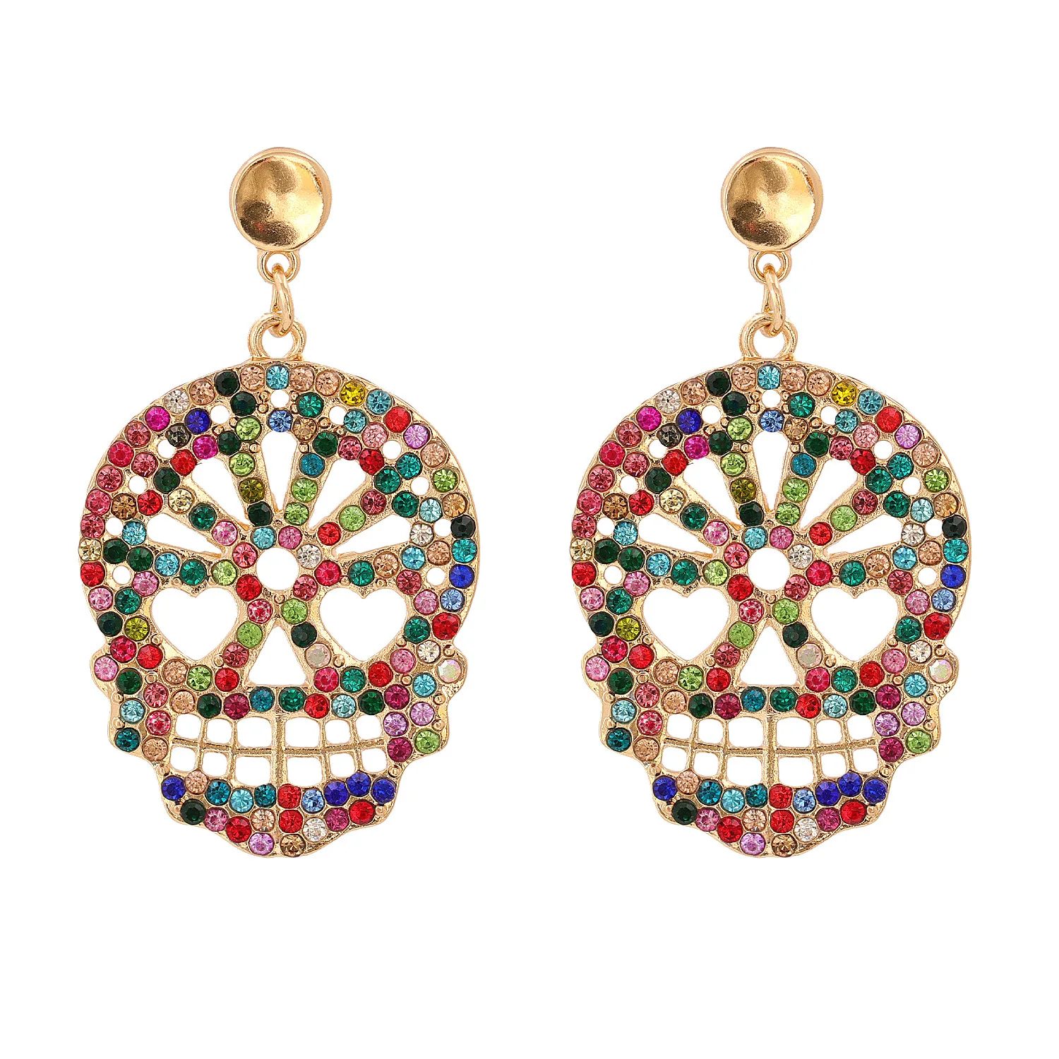 

New Arrivals Halloween Women Jewelry Gift Colorful Crystal Rhinestone Skull Drop Earrings Bling Multicolor Diamond Skull Earring, Picture shows