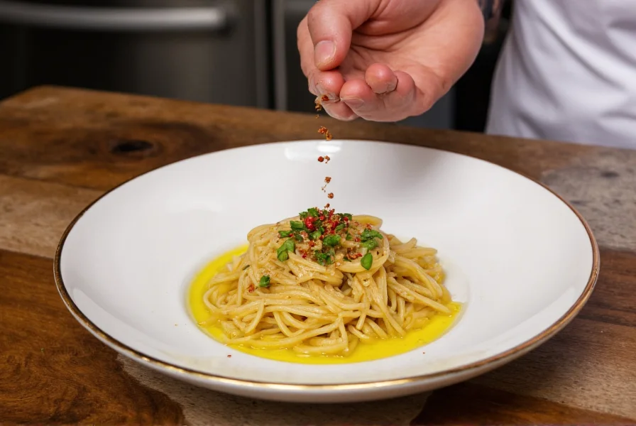 Chef's hand sprinkling chili flakes over a finished pasta dish with olive oil and fresh herbs