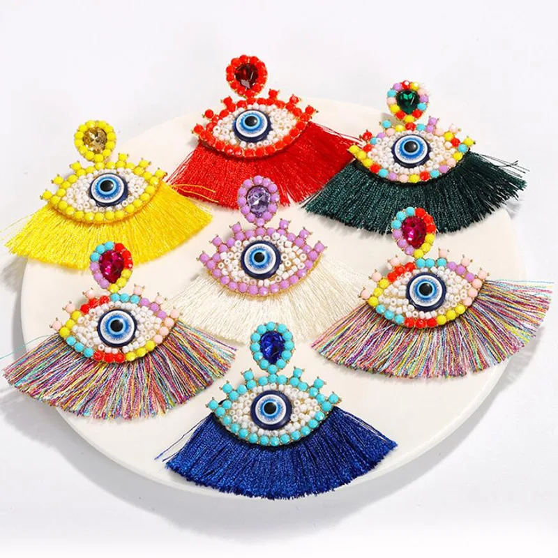 

Fashion creative rice bead set diamond Eye of the demon tasse pendant earrings for women, As picture