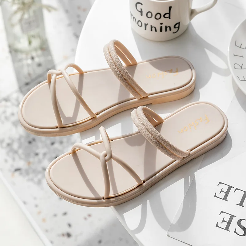 

Spring new ladies blank pure color flat-bottomed beach beige fashion slides sandals, As customer requirements