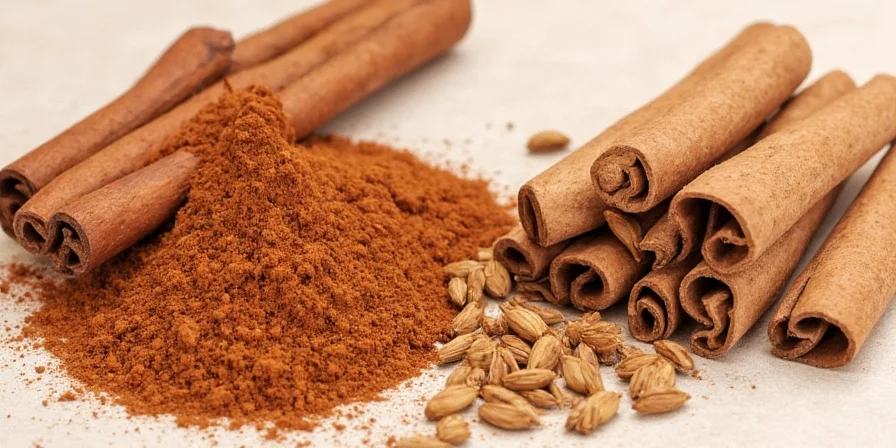 Cinnamon sticks next to a scale showing weight difference between Ceylon and Cassia powder