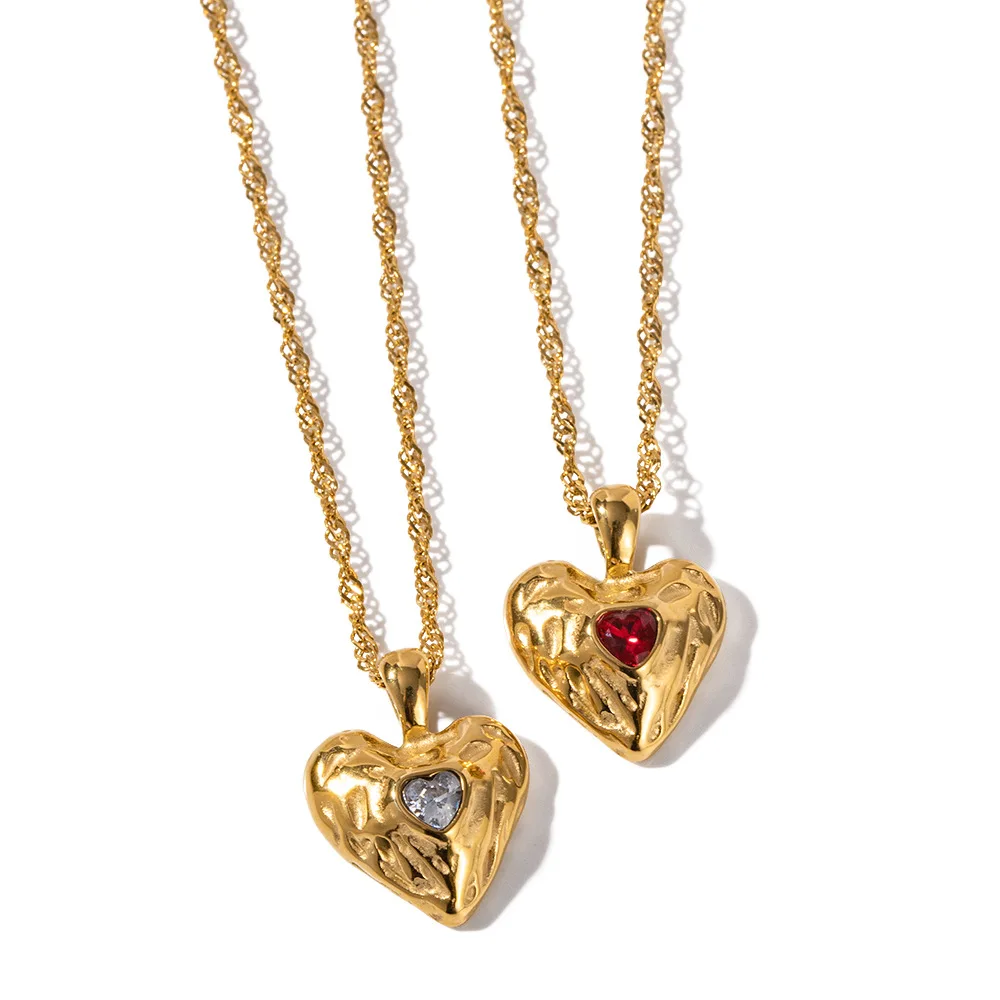 

New Lovely Heart Pendant Necklace Tarnish Free Gold Plated Stainless Steel Necklace With Zircon Stones Irregular Heart Jewelry