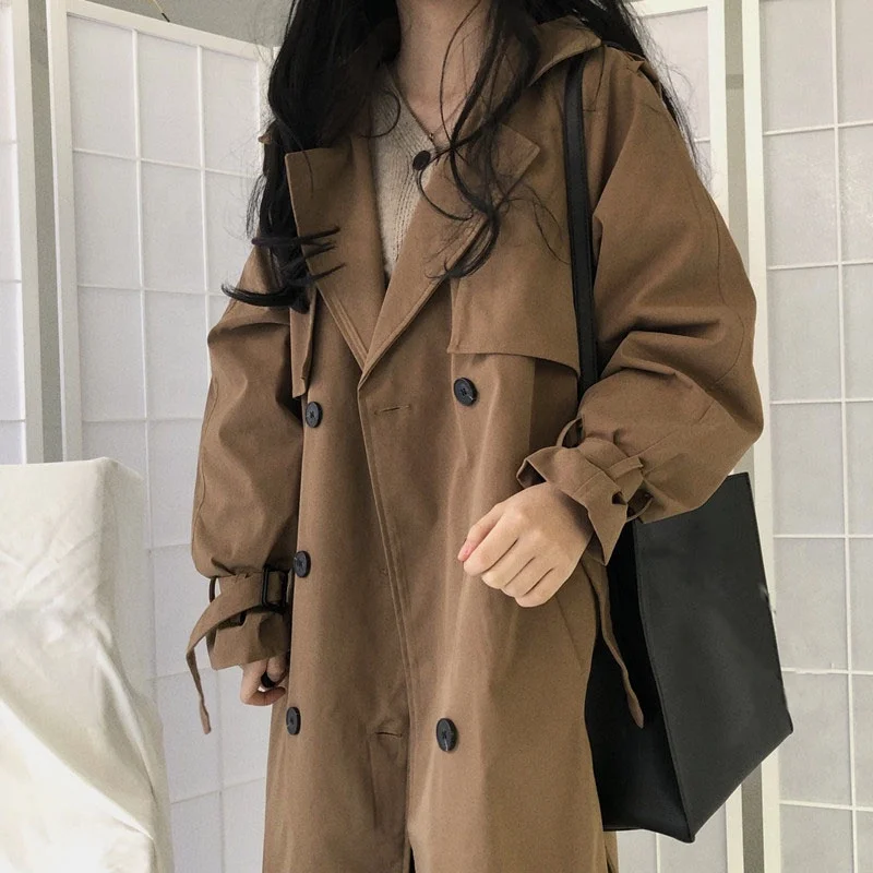 

Women's Brown Polyester Long Sleeve Windproof Sustainable Breathable Trench Coat Turn-Down Collar Dust Coat For Office Ladies