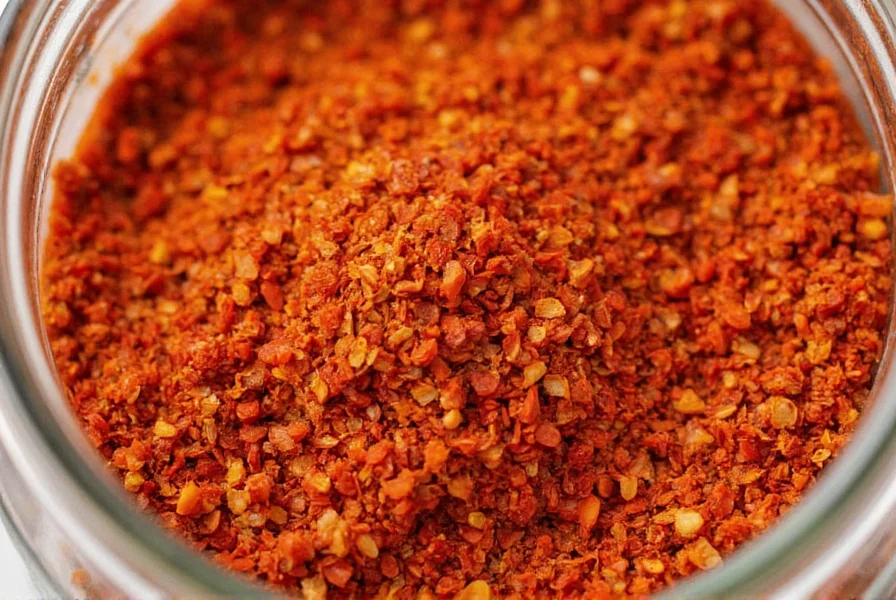 Close-up view of red pepper flakes showing different sizes of flakes, seeds, and color variations in a glass spice jar