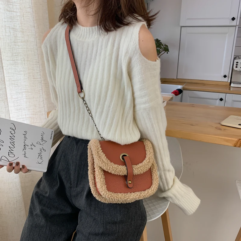 

Winter Tweed Woolen Bags Satchel Lambswool Saddle Bag Small PU leather Mini Crossbody Handbag for Women 2021 bolsos, As picture