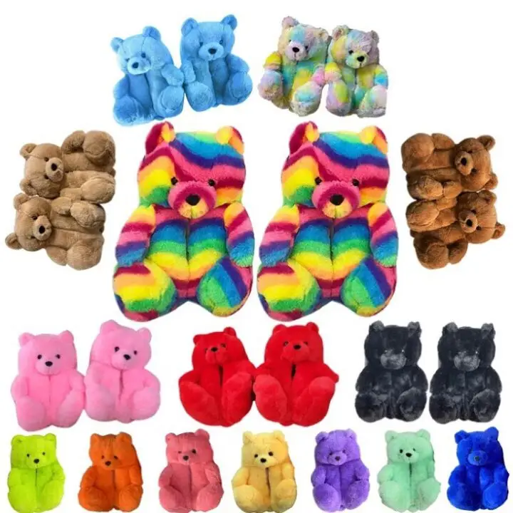 

Wholesale Fluffy House Teddy Bear Slippers Comfortable Rainbow Women Kids Teddy Bear Slippers, Picture
