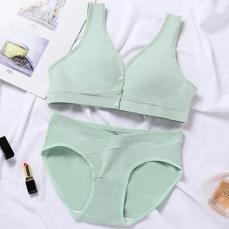 

Wholesale Comfortable and Breathable Convenient Front Open Bra V-shaped Low Waist Maternity Bra and Briefs Set, Pink, gray, turmeric, green