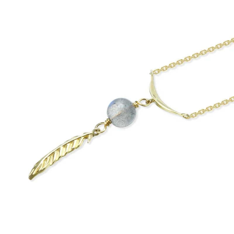 

9K Solid Gold Feather Elongate Stone Necklace for Women, Yellow gold