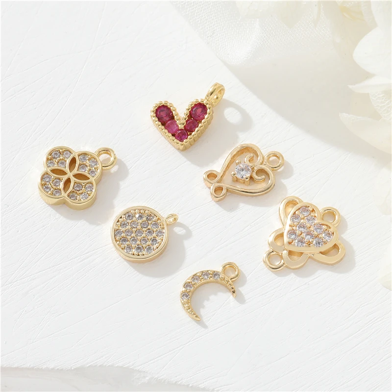 

Jiexing Trendy Design Charms Brass 14K Gold Plated Cute Small Red Heart Moon Round Full CZ Pendant Charms For Jewelry Making