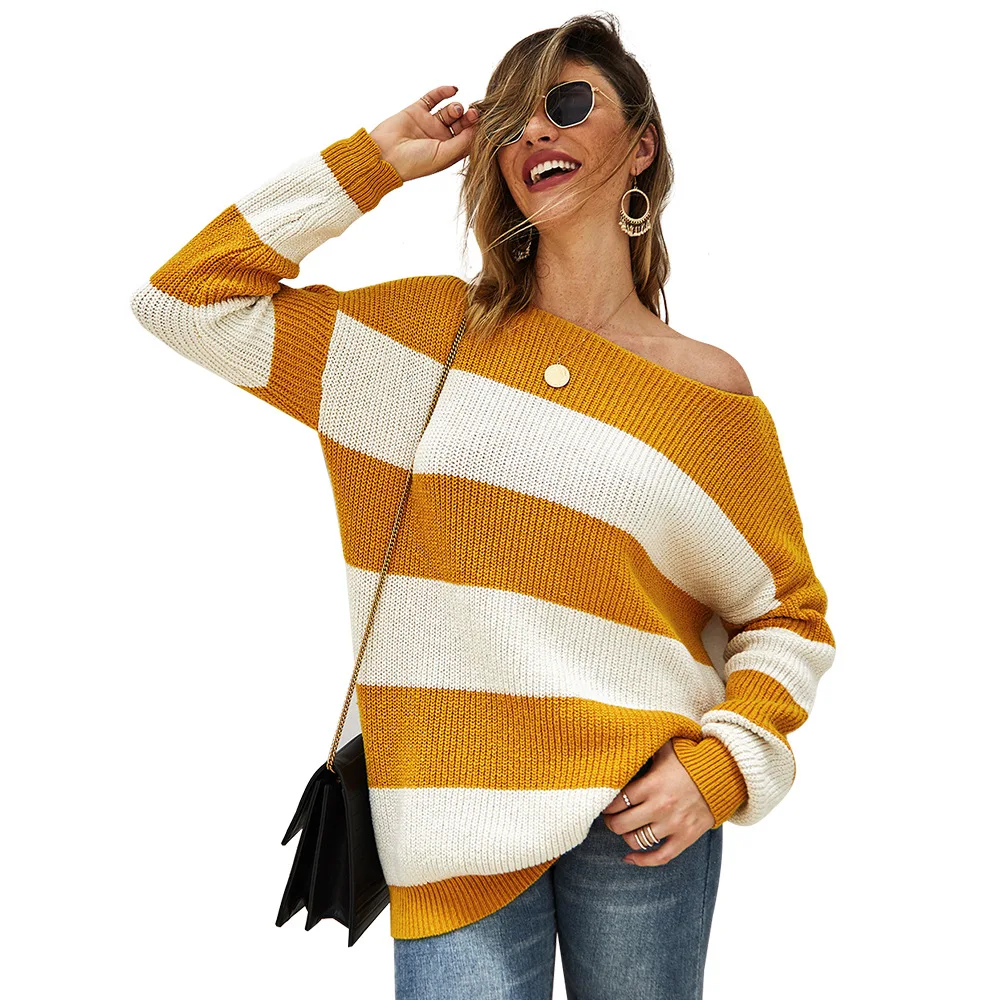 

High quality casual loose winter wide stripe knit sweater for women, 3 colors