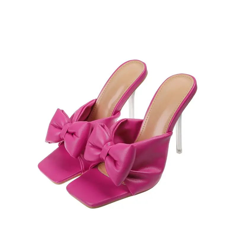 

Chinela De Verao Quality Multi Color Options Square Toe Bow Knot Stiletto Slip-on Glass Heels Sandals For Ladies Summer Spring