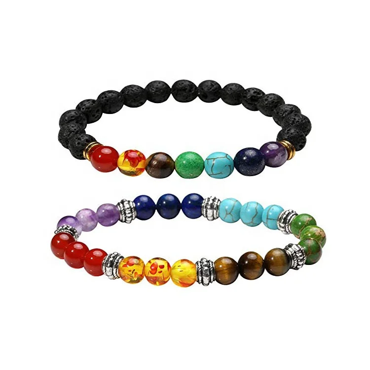 

12mm Religious Spiritual 7 Chakra Lava Natural Stone Bead Hand Bracelet With Real Gemstone, Customized color